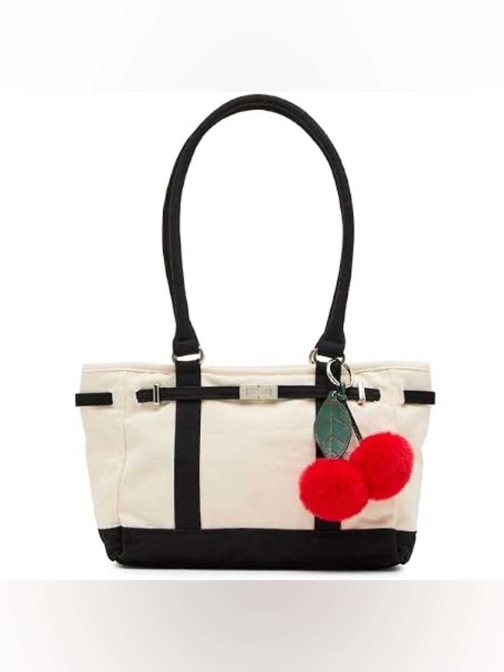 NEW Madden Girl Canvas Midi Tote Bag Black Cream Cherry Charm